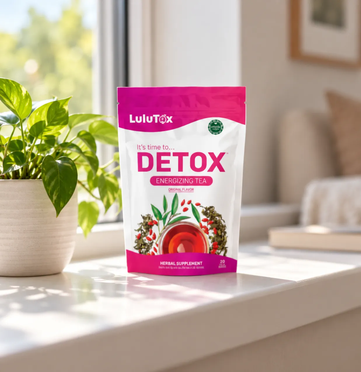Lulutox Detox Tea — Verpackung im Alltag